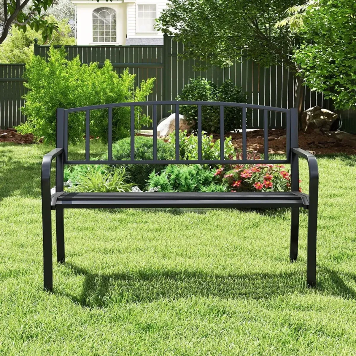 Outdoor Seating Bench with Slatted Backrest and Traditional Armrests