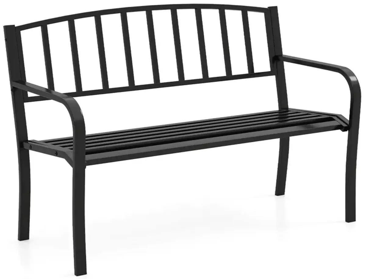 Outdoor Seating Bench with Slatted Backrest and Traditional Armrests
