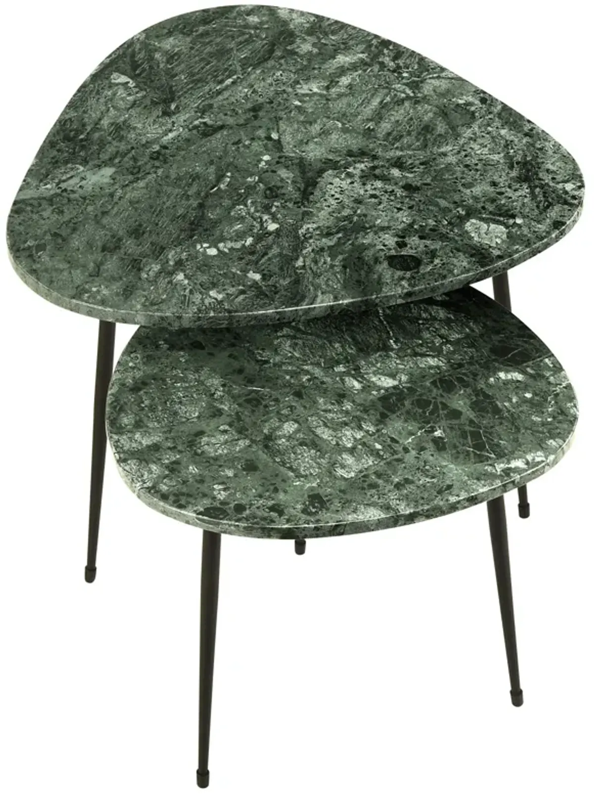 2 Piece Nesting Accent Table Set, Triangular Marble Top, Green, Black - Benzara