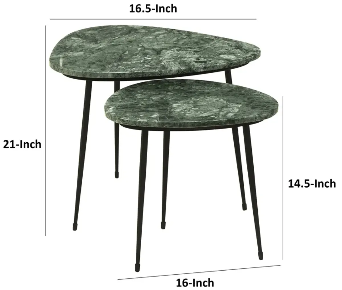 2 Piece Nesting Accent Table Set, Triangular Marble Top, Green, Black - Benzara