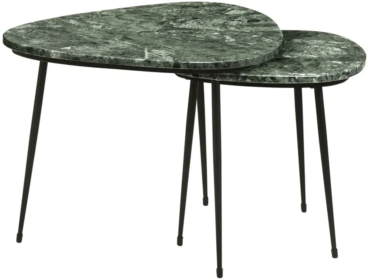 2 Piece Nesting Accent Table Set, Triangular Marble Top, Green, Black - Benzara