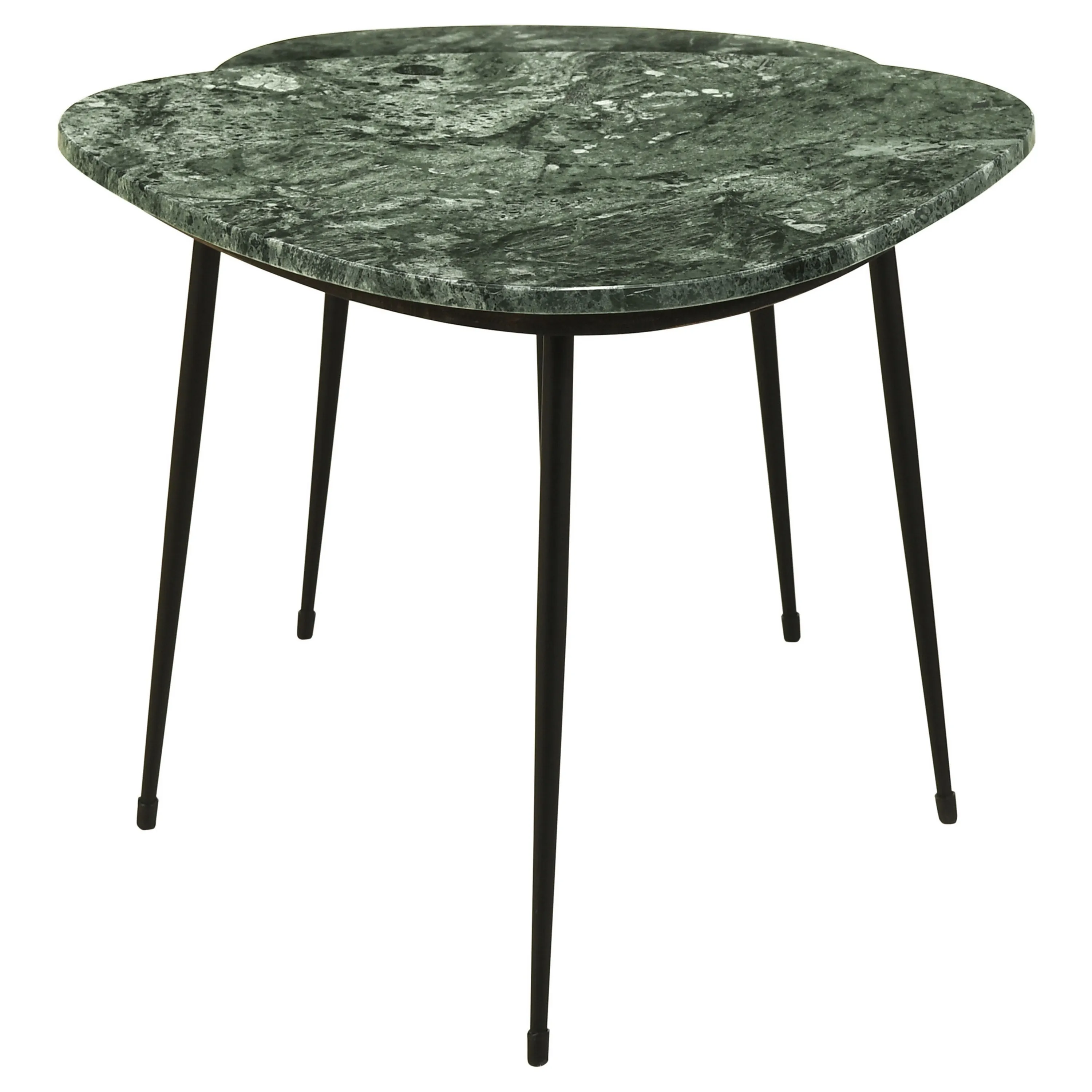 2 Piece Nesting Accent Table Set, Triangular Marble Top, Green, Black - Benzara