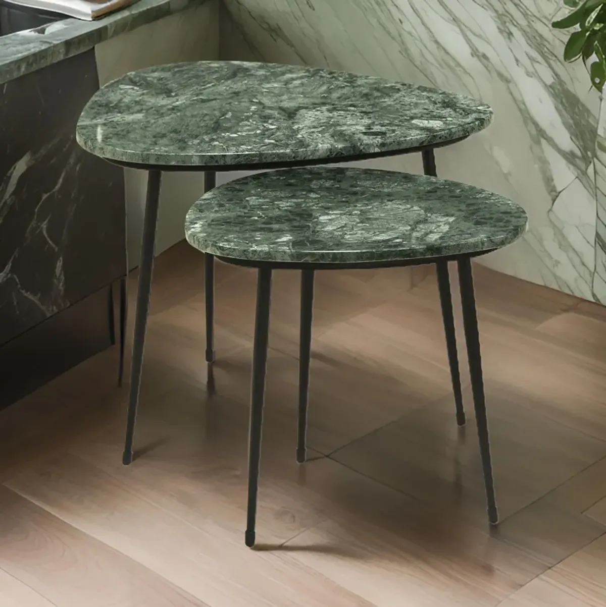 2 Piece Nesting Accent Table Set, Triangular Marble Top, Green, Black - Benzara