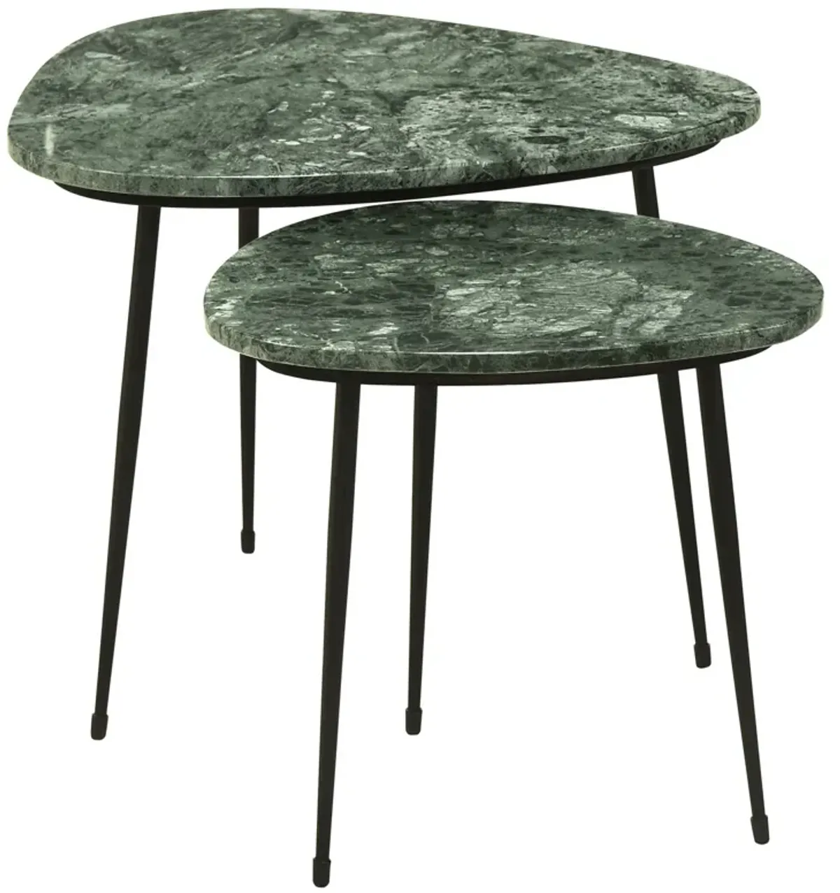 2 Piece Nesting Accent Table Set, Triangular Marble Top, Green, Black - Benzara