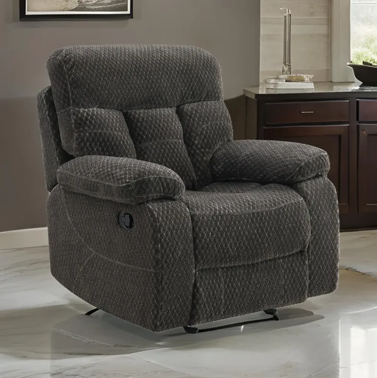 Charl 41 Inch Glider Recliner Armchair, Plush Tufted Backrests, Charcoal - Benzara