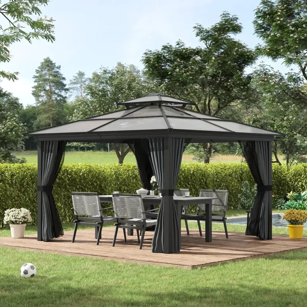 Black Backyard Retreat: 10x10 Aluminum Hardtop Gazebo with Curtains