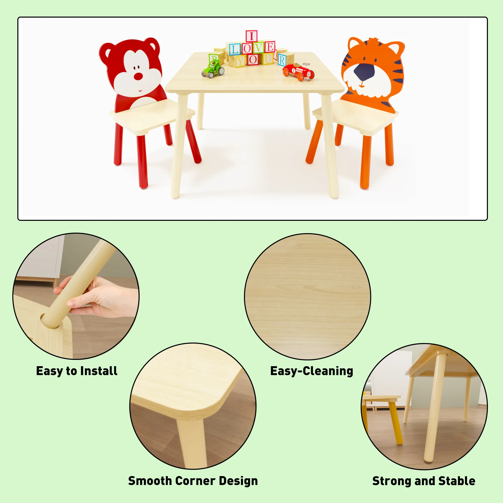 Hivvago Animal Designed Kid's Wooden Table with 2 Chair Set Activity Play Table Set (Bear Tiger)