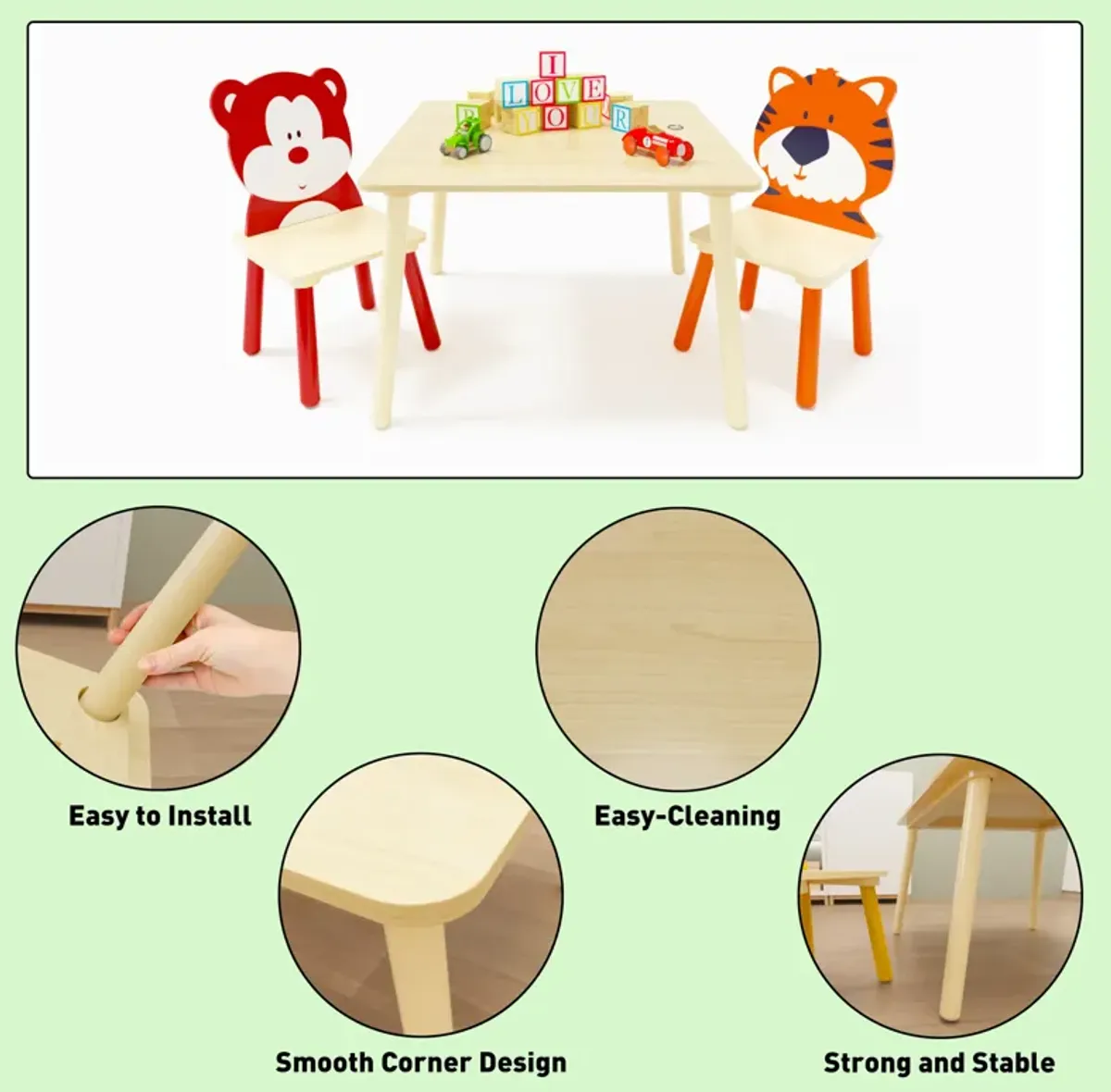 Hivvago Animal Designed Kid's Wooden Table with 2 Chair Set Activity Play Table Set (Bear Tiger)