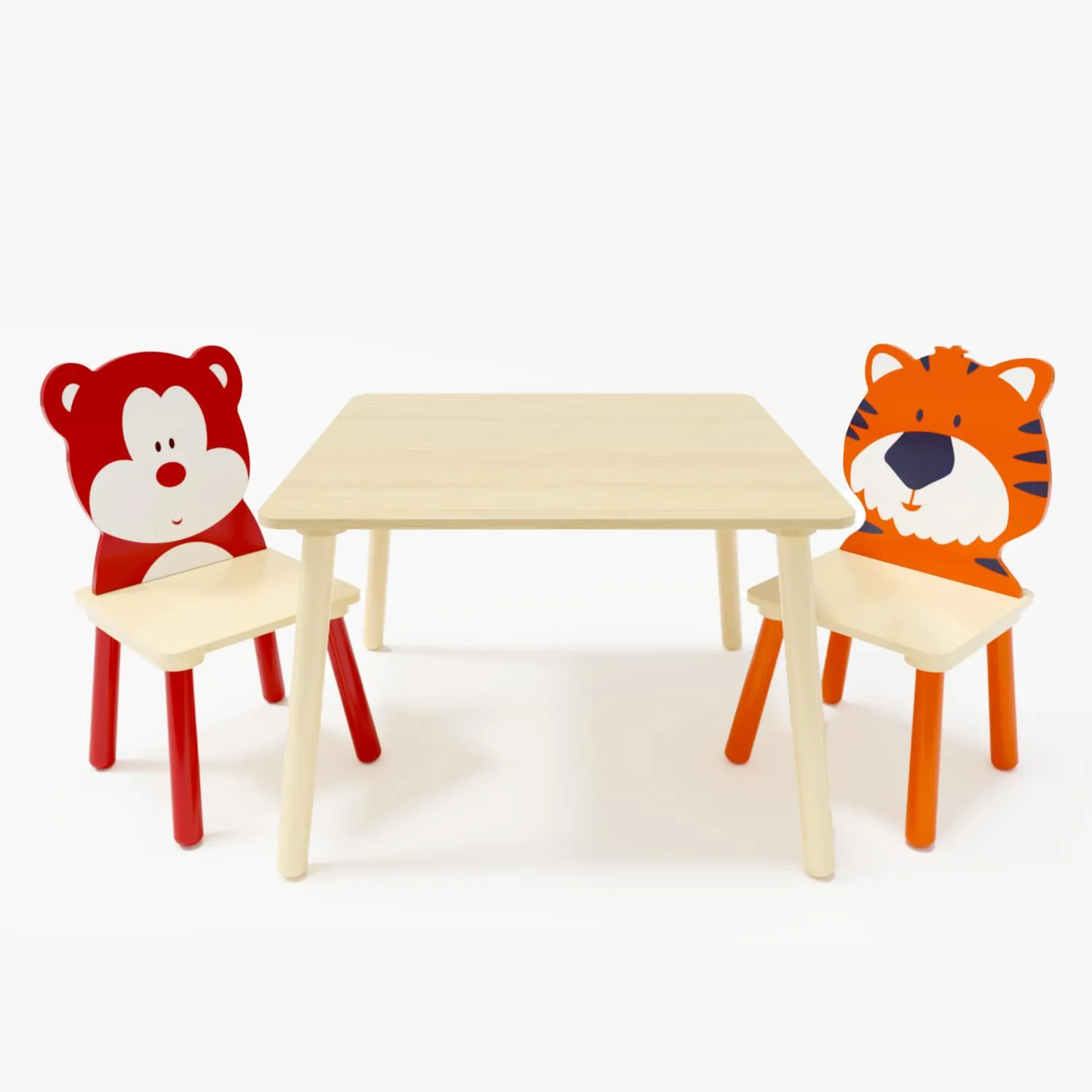 Hivvago Animal Designed Kid's Wooden Table with 2 Chair Set Activity Play Table Set (Bear Tiger)