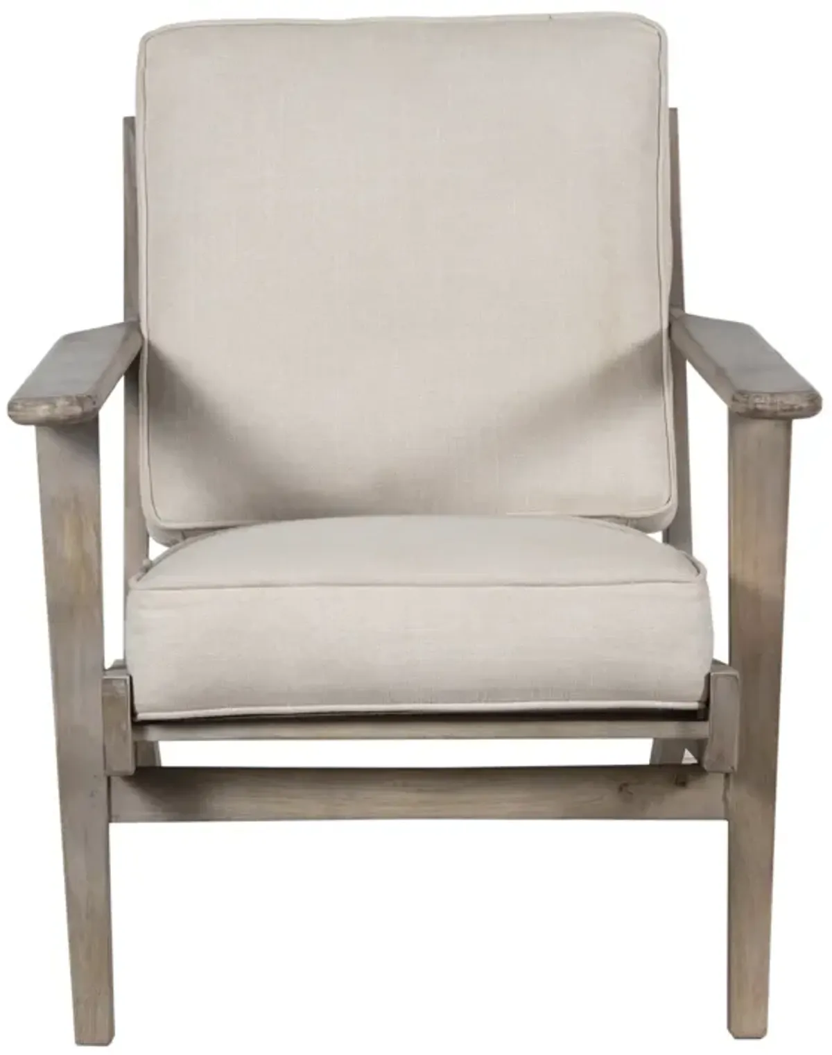 Amber Accent Chair, Handcrafted Washed Ash Gray Mango Wood, Beige Fabric Cushions, Angled Legs
