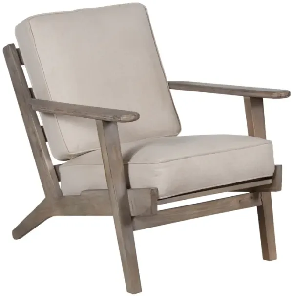 Amber Accent Chair, Handcrafted Washed Ash Gray Mango Wood, Beige Fabric Cushions, Angled Legs