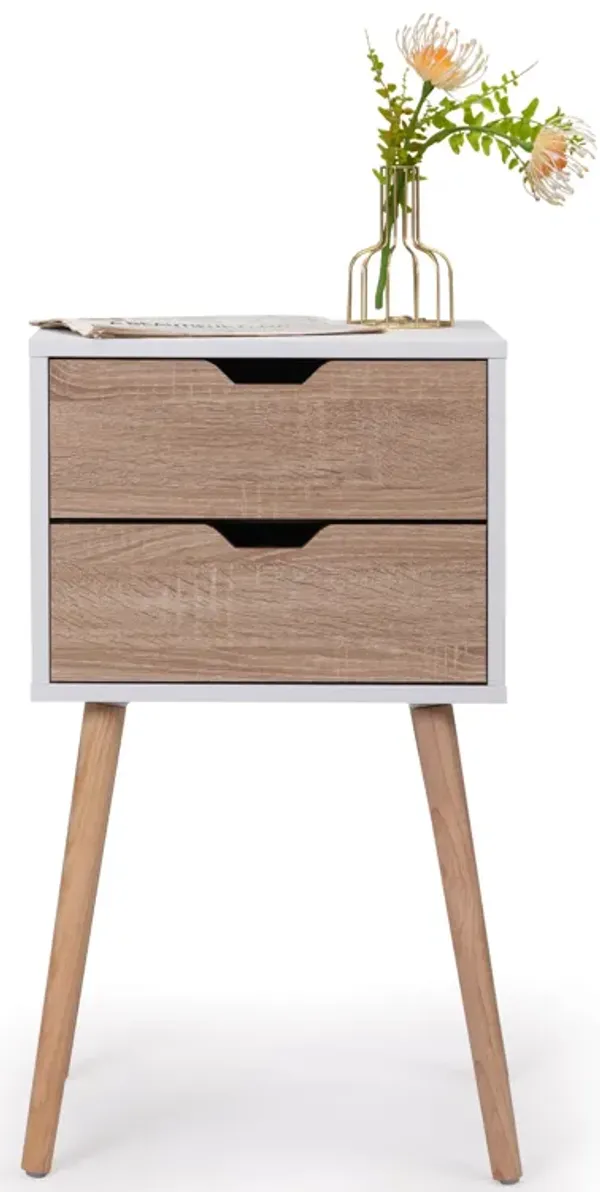 Streamdale 2-Drawer Nightstand with Solid Wood Legs, White/Walnut