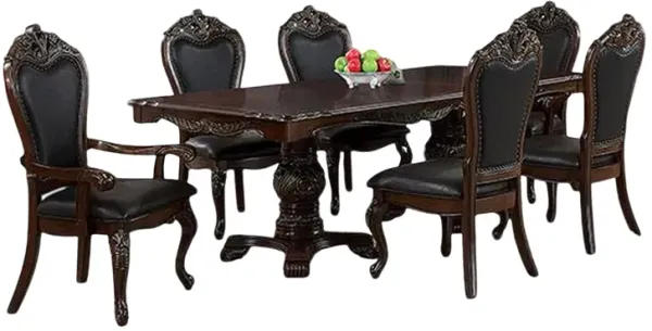 Zenie 7pc Dining Set, Classy Cherry Brown Wood Table, 6 Carved Chairs - Benzara