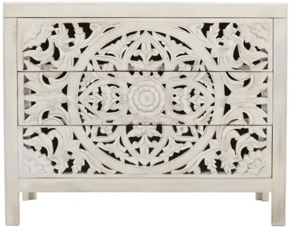 Jofran Jolie Rustic Solid Wood Global Boho Hand Carved Accent Chest with Three Drawers