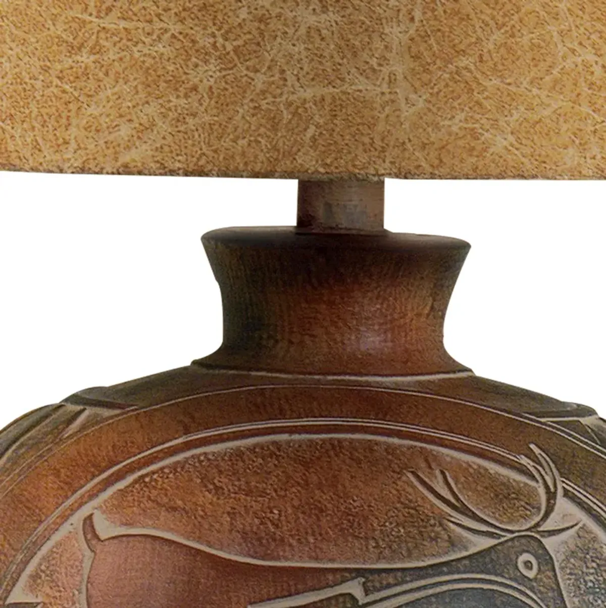 Siya 26 Inch Table Lamp, Urn Shaped Base, Deer Carvings, Black, Brown  - Benzara