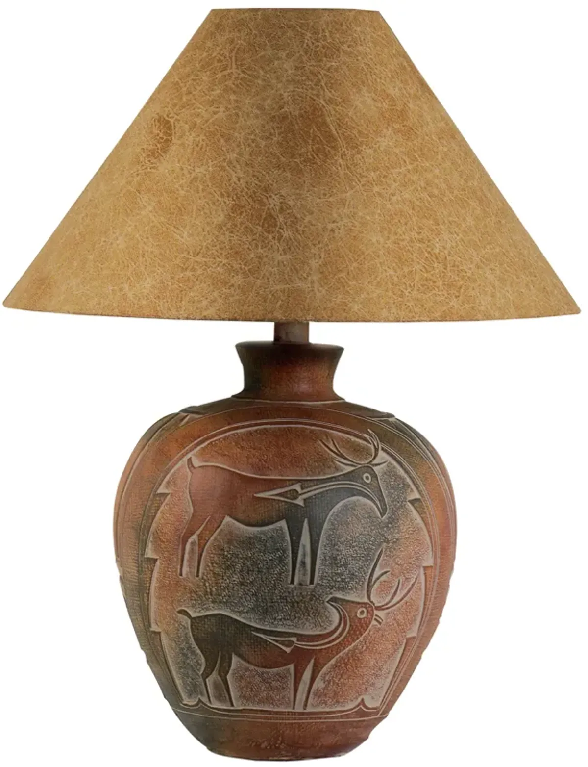 Siya 26 Inch Table Lamp, Urn Shaped Base, Deer Carvings, Black, Brown  - Benzara