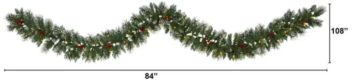 HomPlanti 9" Frosted Swiss Pine Artificial Garland with 50 Clear LED Lights and Berries