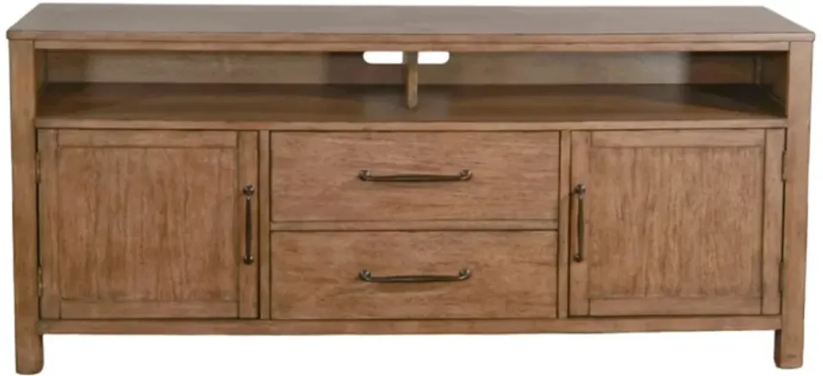 Yael TV Media Console, 4 Shelves, 2 Drawers, Light Brown Wood, 66 Inch - Benzara