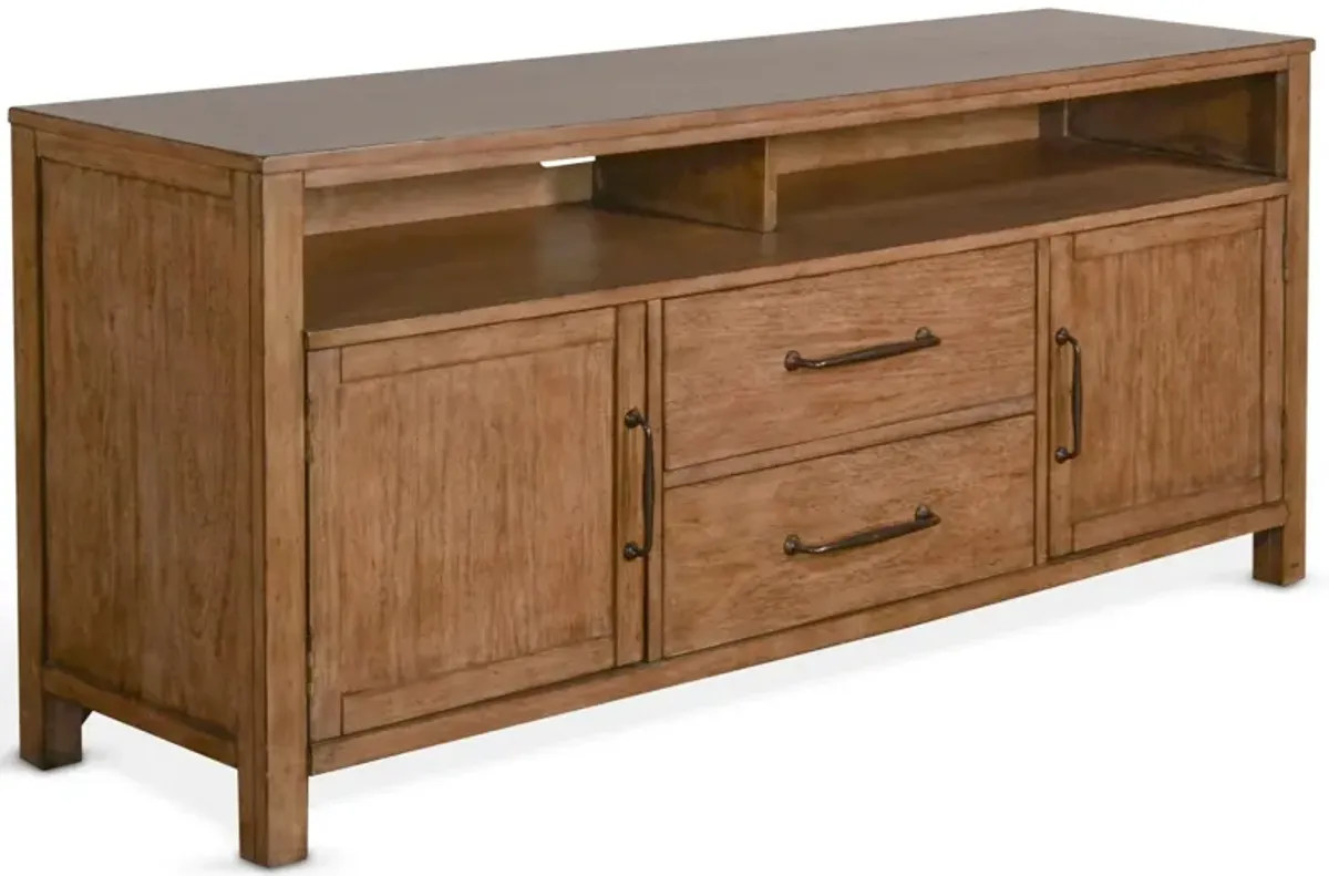 Yael TV Media Console, 4 Shelves, 2 Drawers, Light Brown Wood, 66 Inch - Benzara