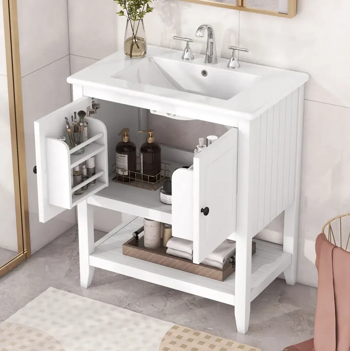 Gewnee 30" White Modern Sleek Bathroom Vanity Elegant Ceramic Sink with Solid Wood Frame Open Style Shelf & Door Shelf Design