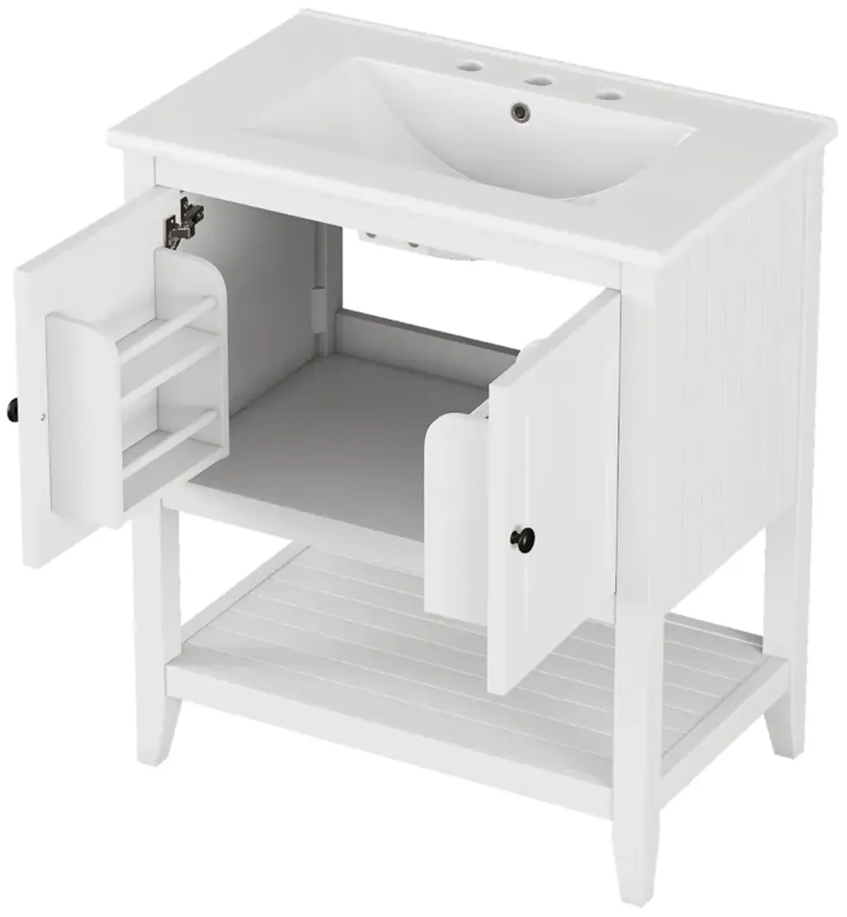 Gewnee 30" White Modern Sleek Bathroom Vanity Elegant Ceramic Sink with Solid Wood Frame Open Style Shelf & Door Shelf Design