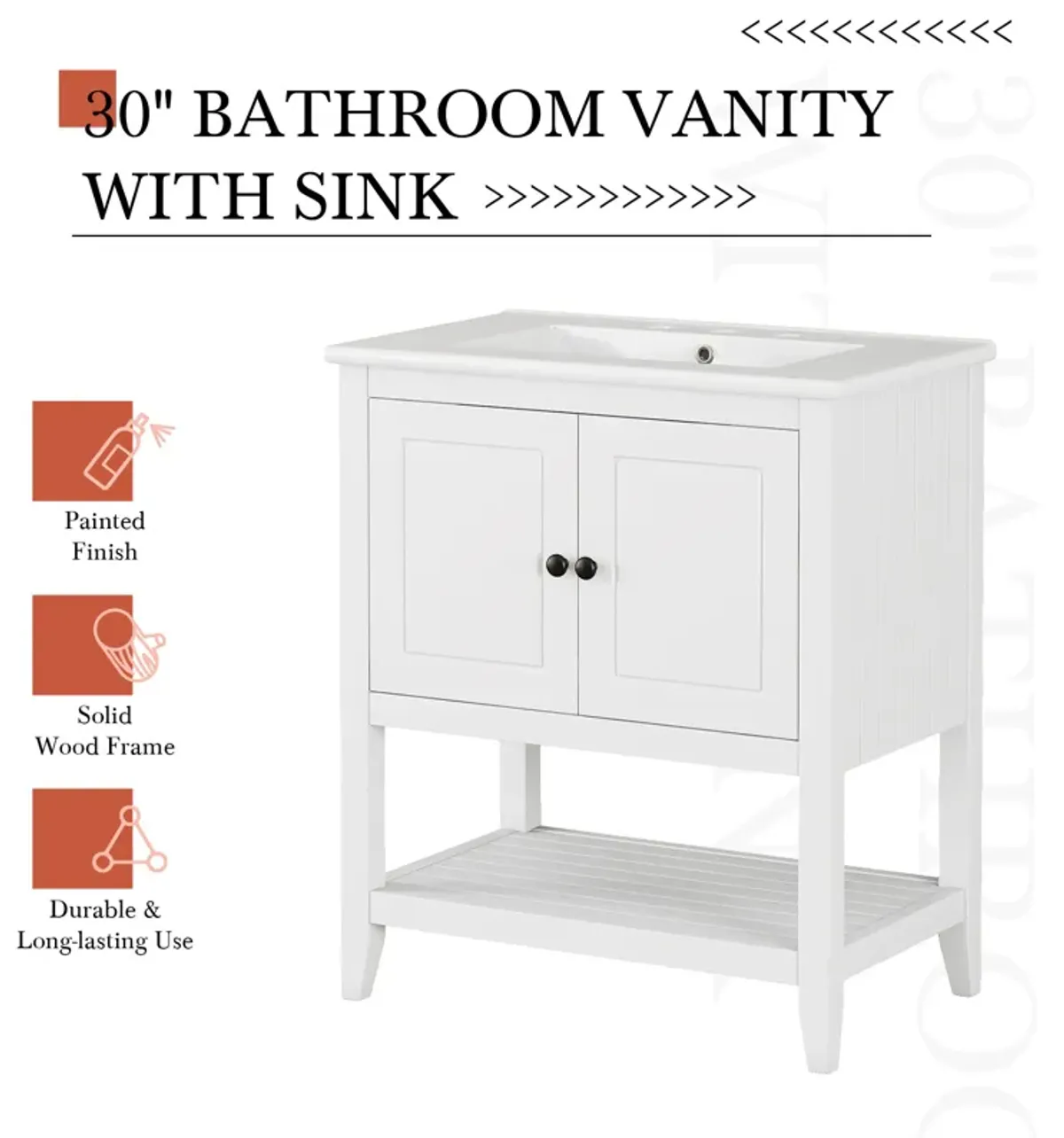 Gewnee 30" White Modern Sleek Bathroom Vanity Elegant Ceramic Sink with Solid Wood Frame Open Style Shelf & Door Shelf Design