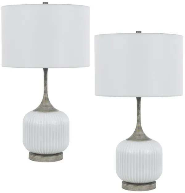 Myra Table Lamp Set of 2, Fluted Accent Glass Base, White Fabric Shade - Benzara