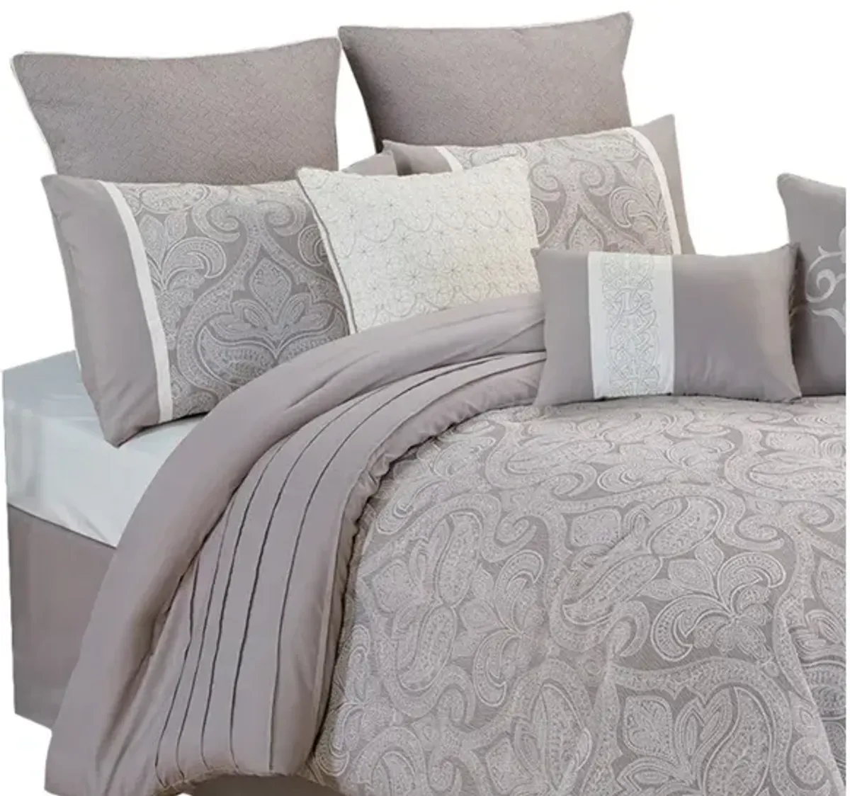 King Size 10 Piece Fabric Comforter Set with Medallion Prints, White - Benzara