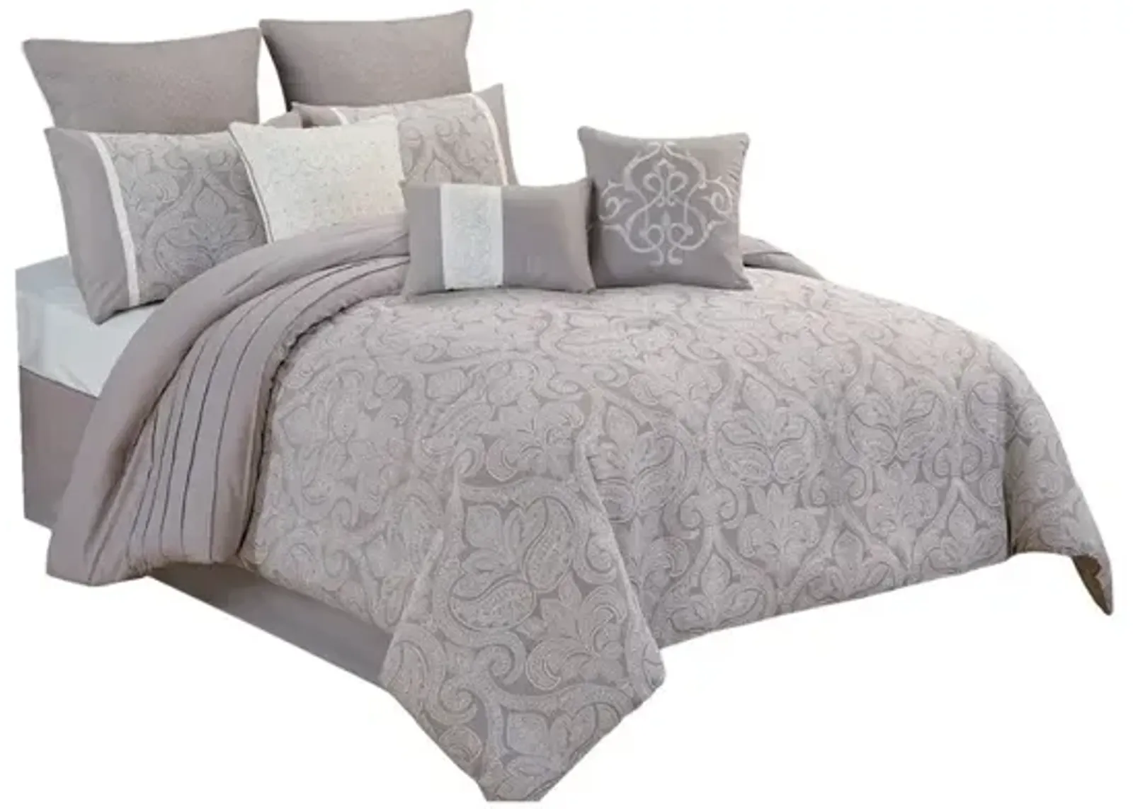 King Size 10 Piece Fabric Comforter Set with Medallion Prints, White - Benzara