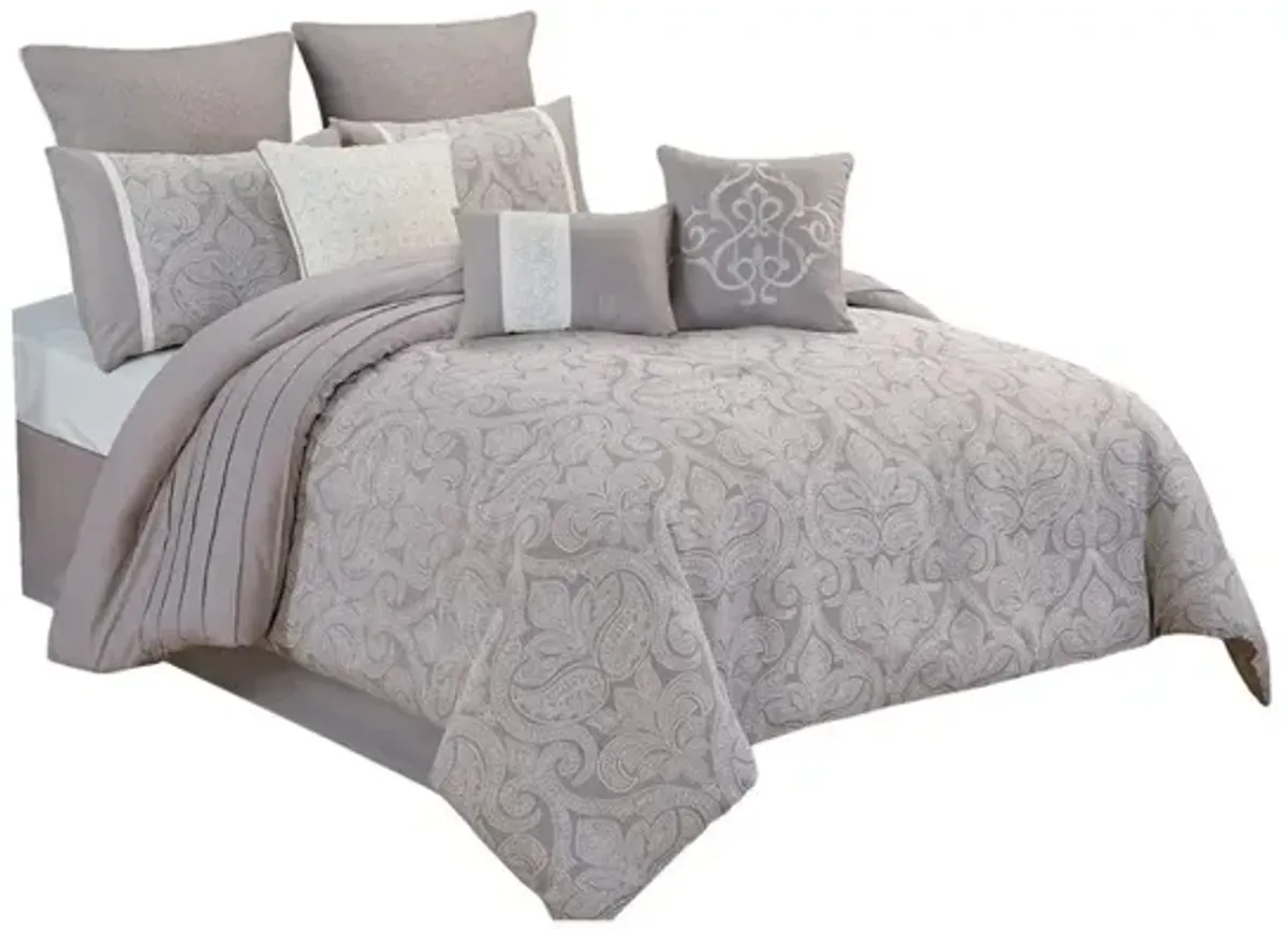 King Size 10 Piece Fabric Comforter Set with Medallion Prints, White - Benzara