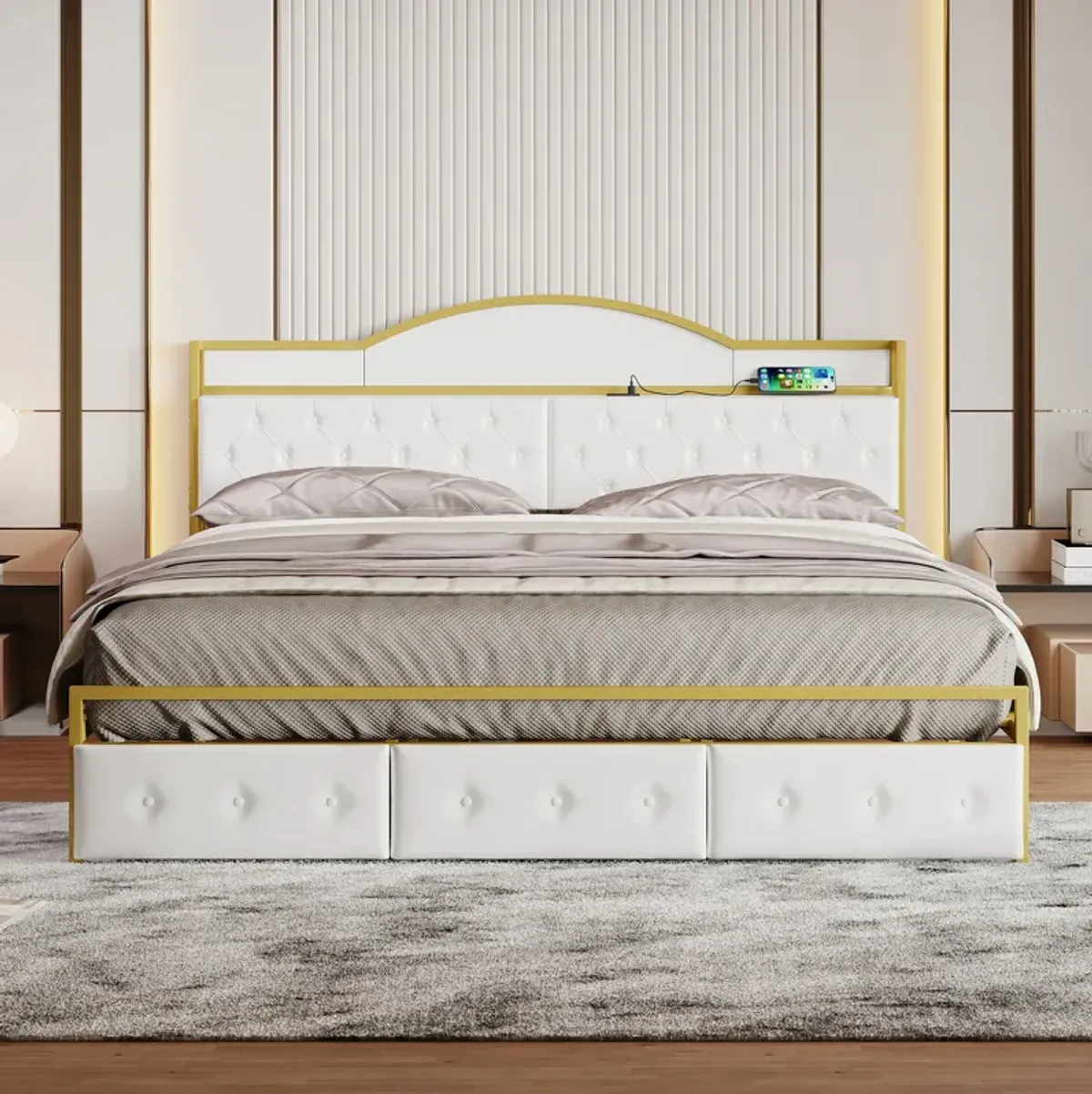 Merax Metal Platform Bed With  Storage Headboard