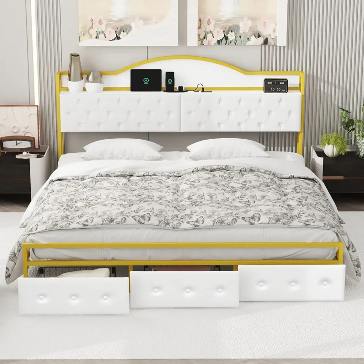 Merax Metal Platform Bed With  Storage Headboard