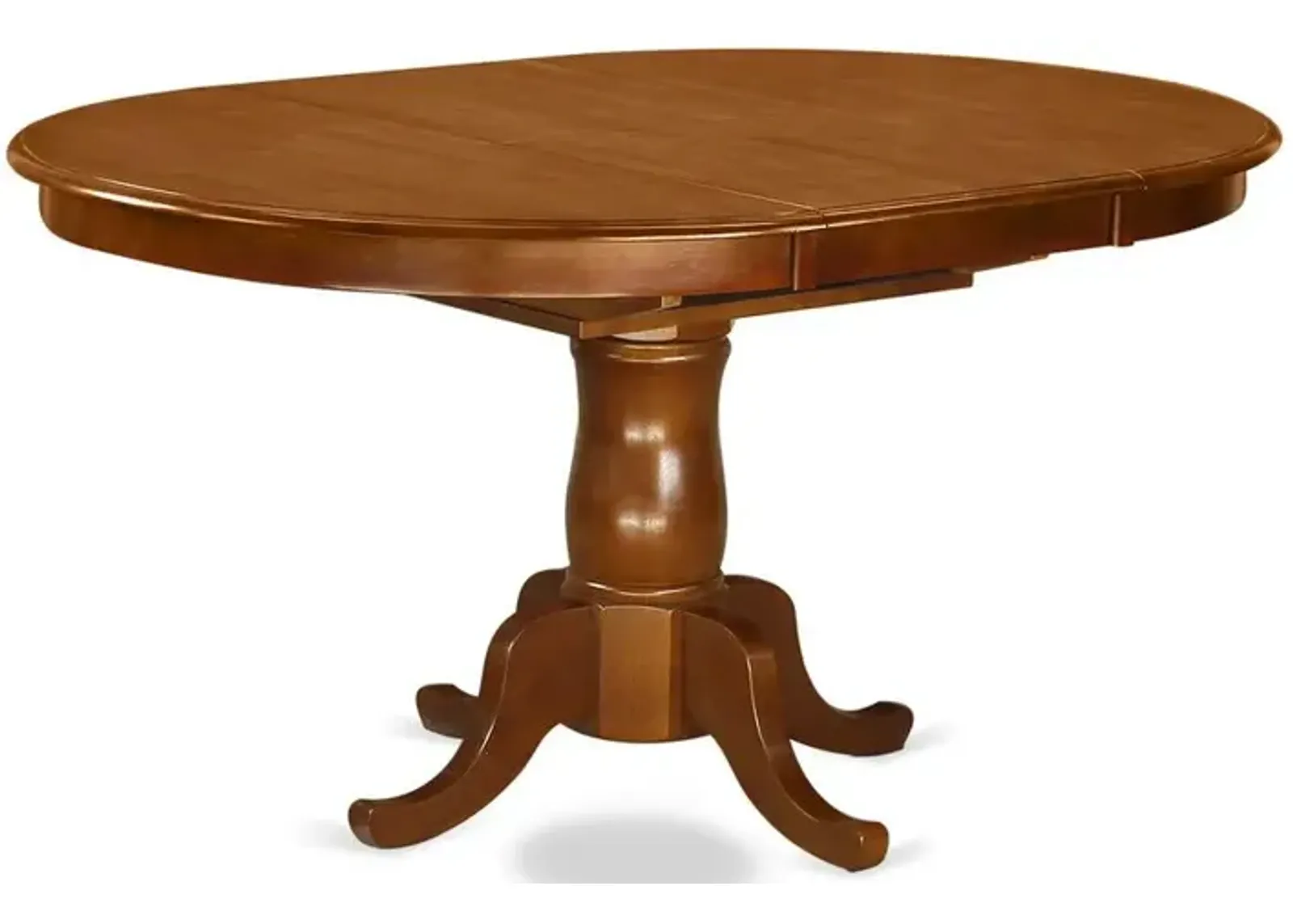 Portland Single Pedestal Oval Dining table with 18" extension butterfly leaf in Saddle Brown Finish