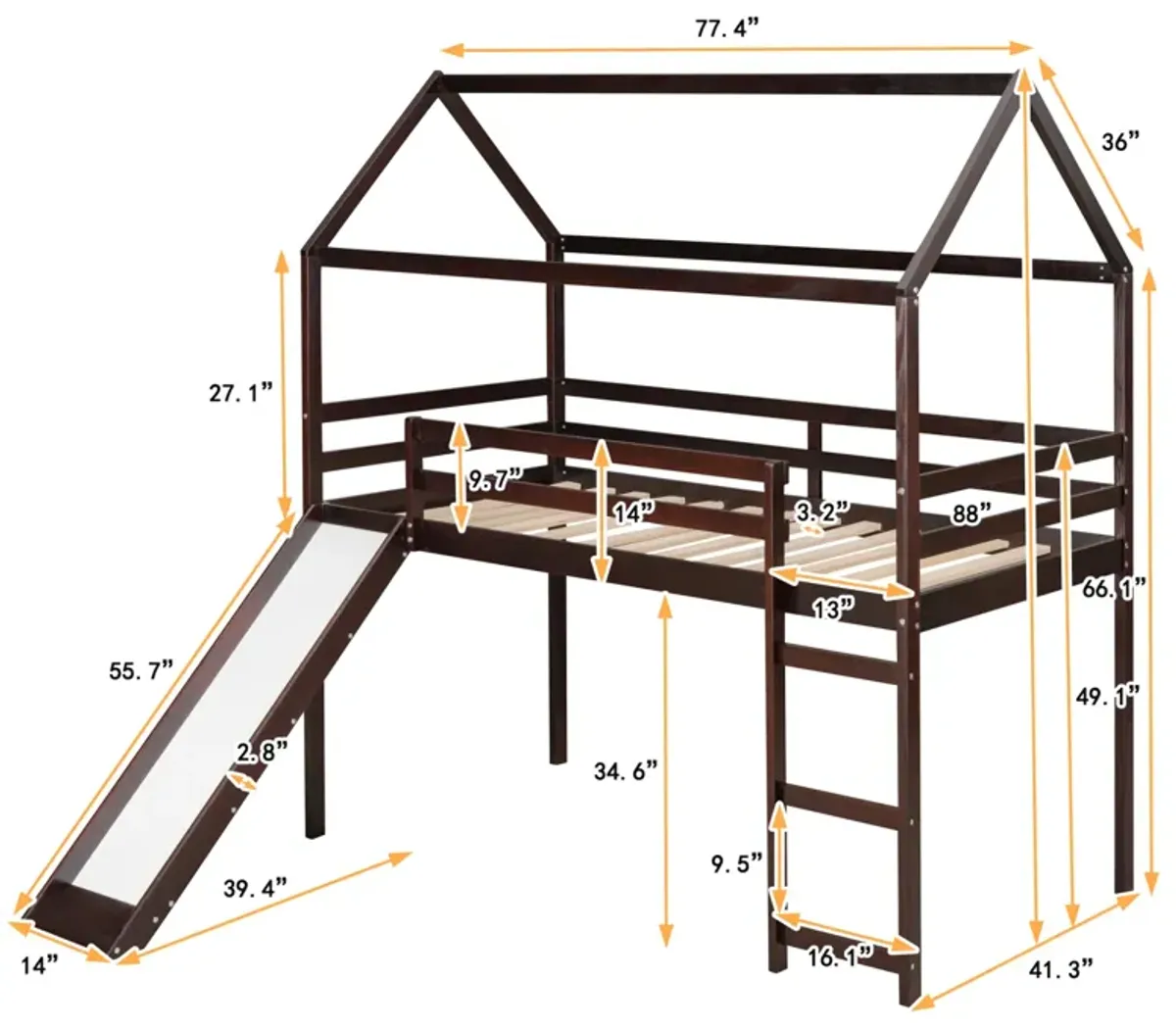 Twin Loft Bed with Slide, House Bed with Slide