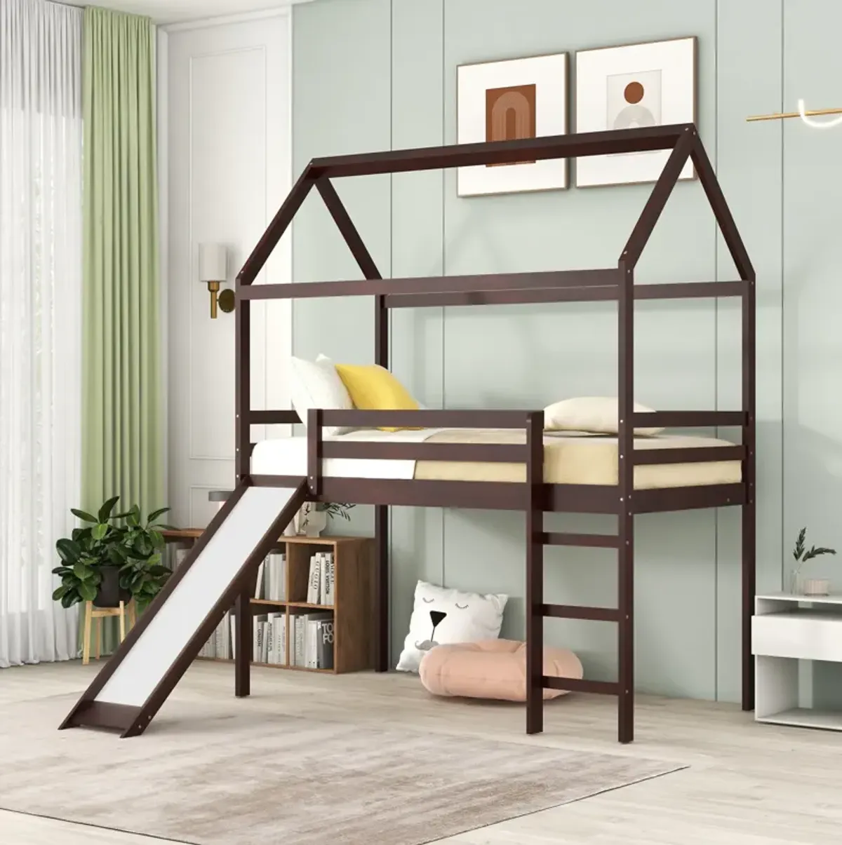 Twin Loft Bed with Slide, House Bed with Slide