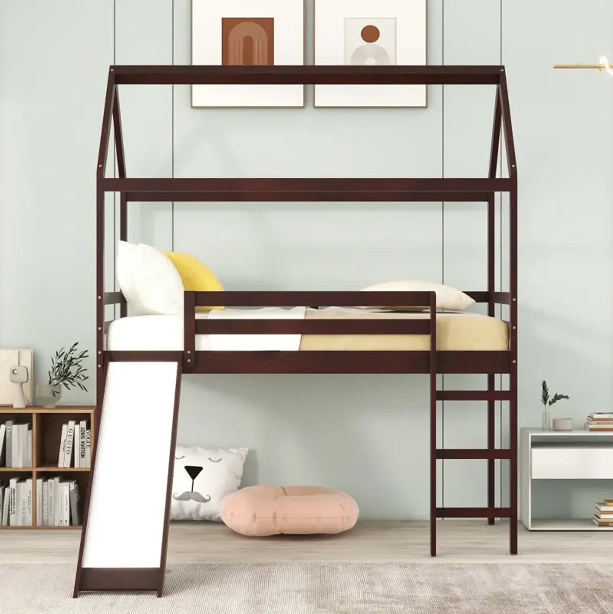 Twin Loft Bed with Slide, House Bed with Slide