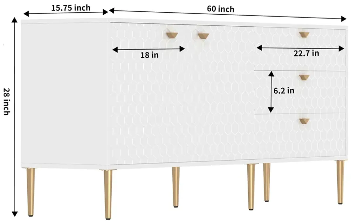 White Modern Accent TV Stand with 2-Door Storage Cabinet and 3 Drawers