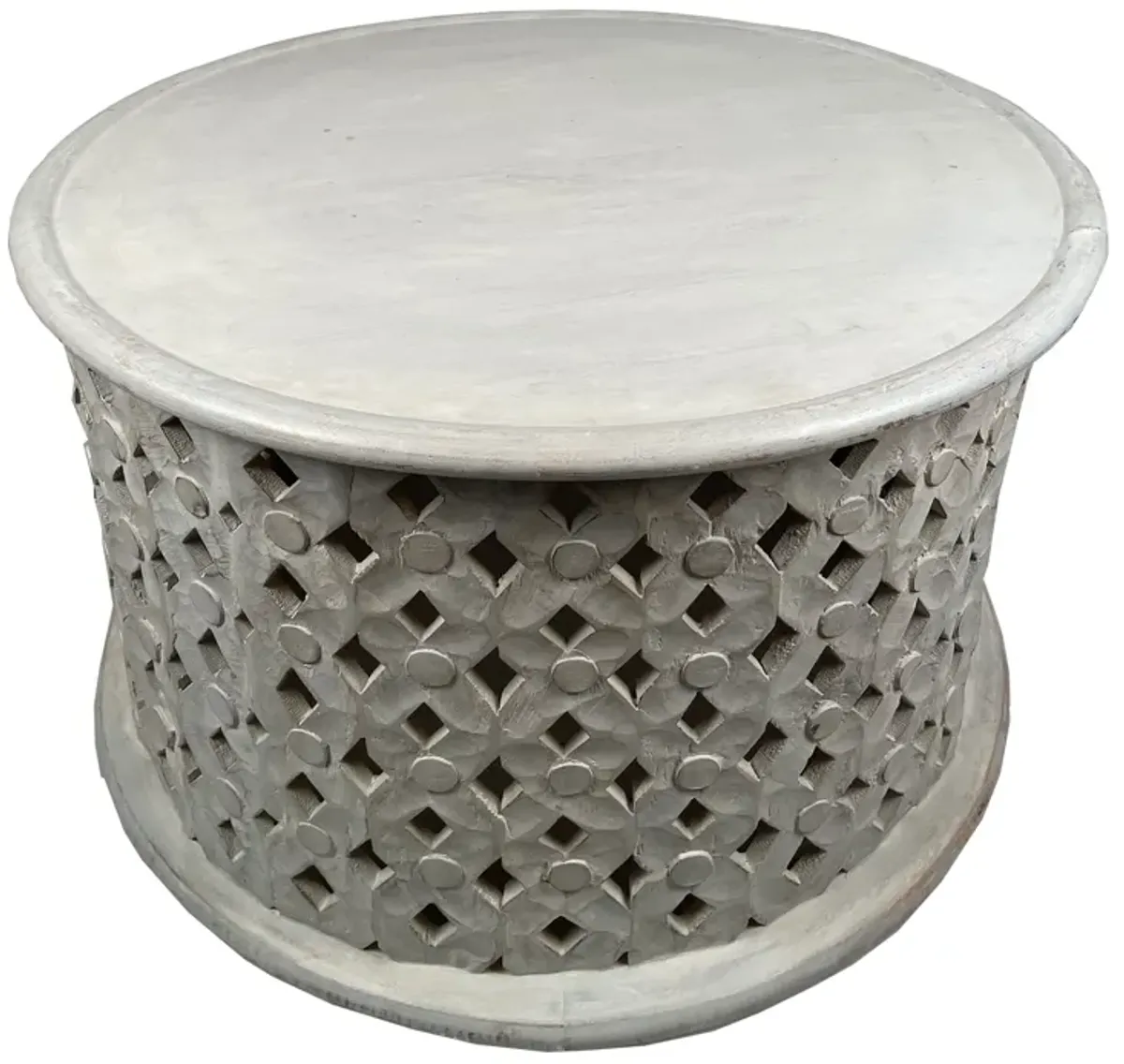 28 Inch Artisanal Round Mango Wood Coffee Table, Intricate Diamond Lattice Cut Out Frame, Washed White-Benzara