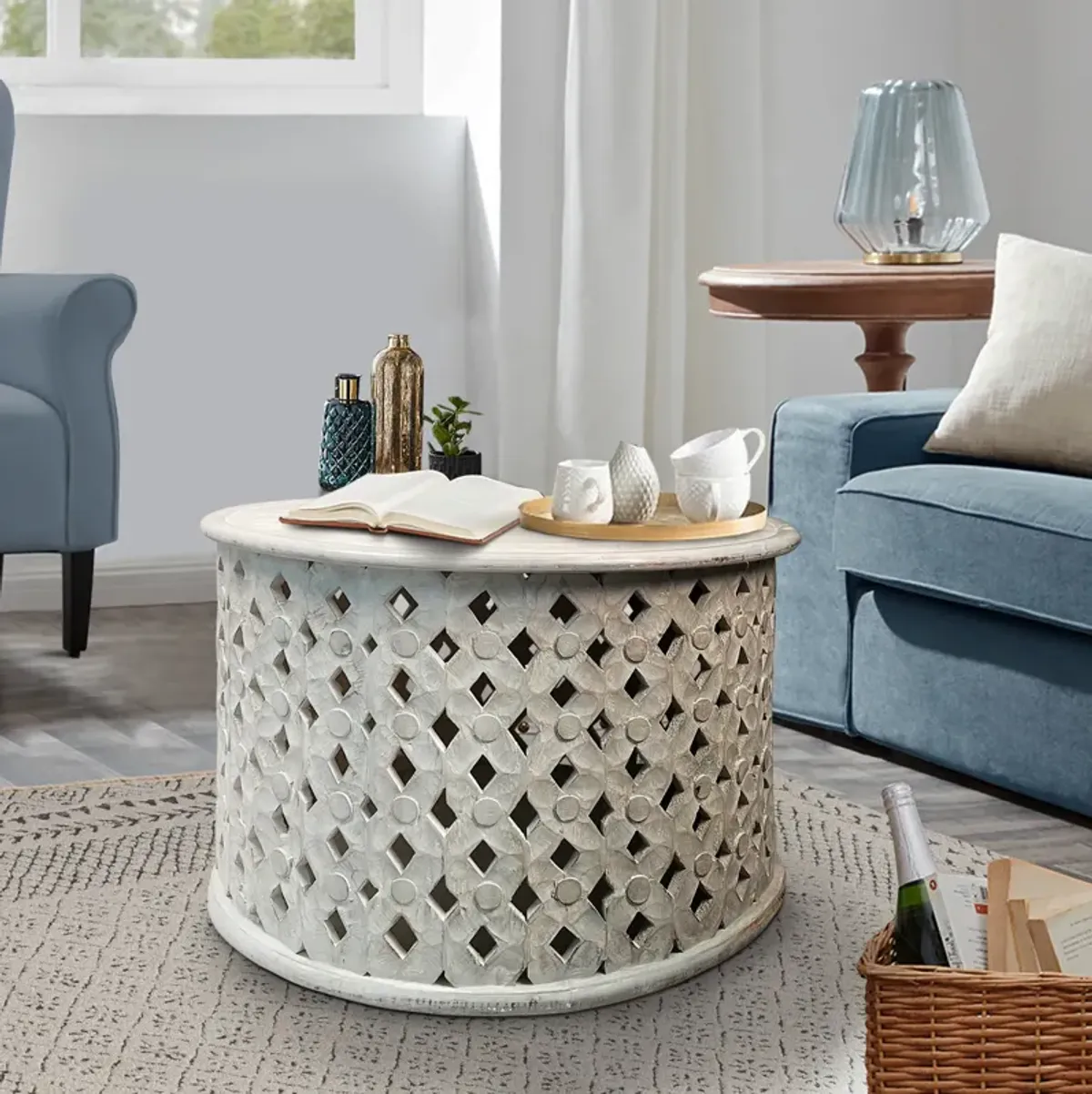 28 Inch Artisanal Round Mango Wood Coffee Table, Intricate Diamond Lattice Cut Out Frame, Washed White-Benzara