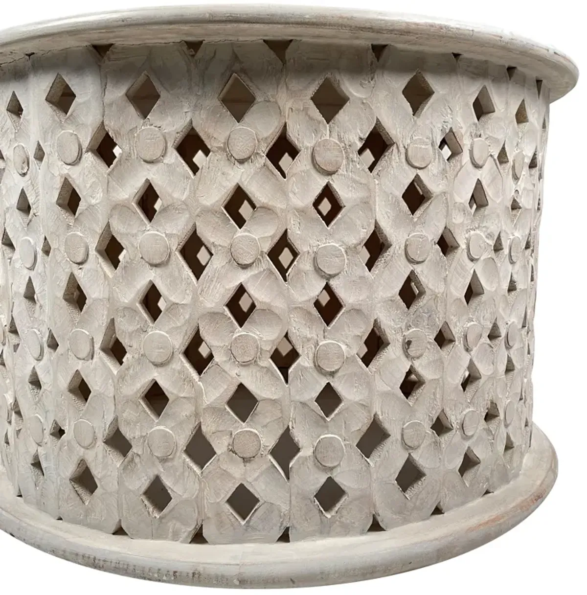 28 Inch Artisanal Round Mango Wood Coffee Table, Intricate Diamond Lattice Cut Out Frame, Washed White-Benzara