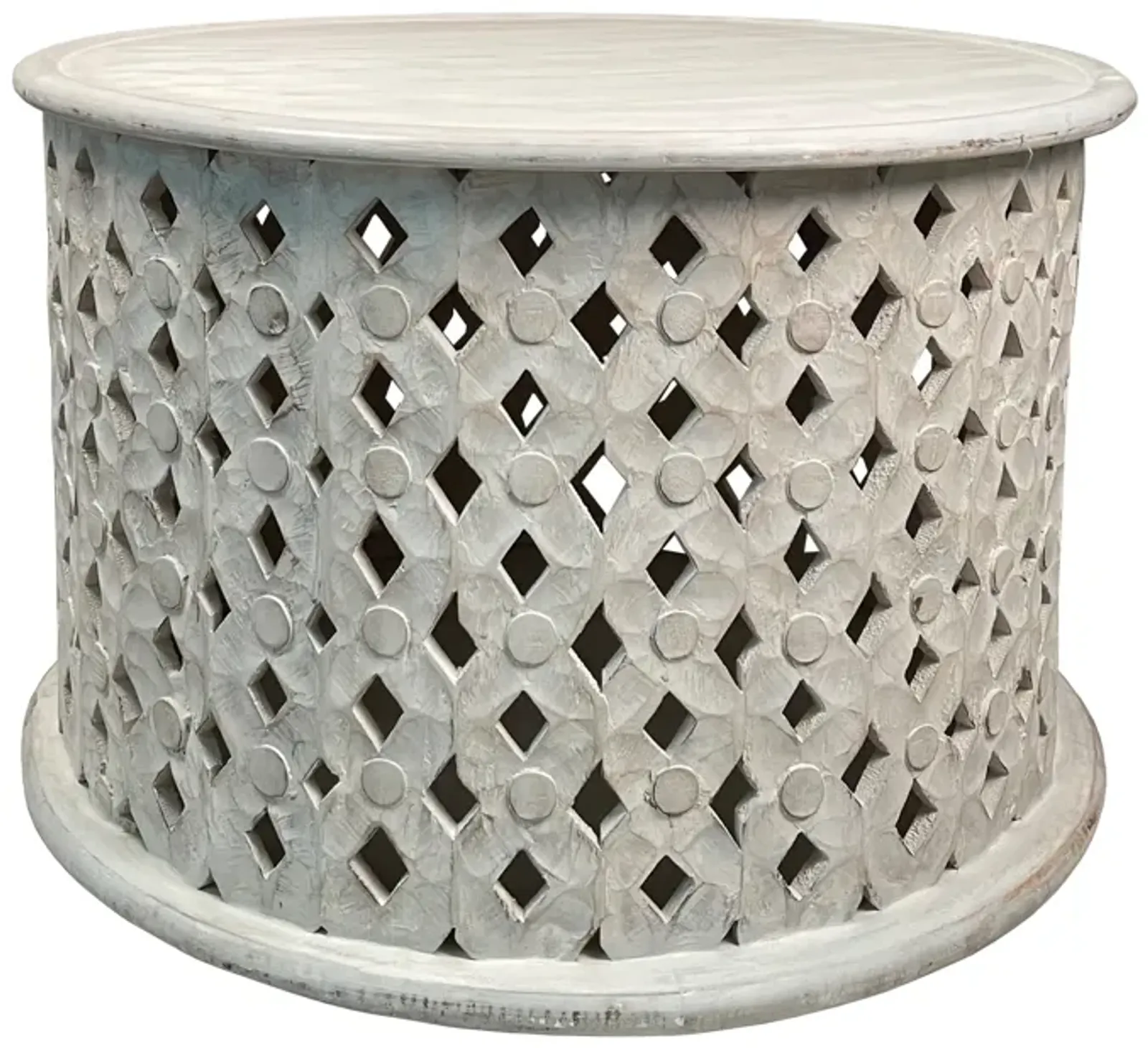 28 Inch Artisanal Round Mango Wood Coffee Table, Intricate Diamond Lattice Cut Out Frame, Washed White-Benzara