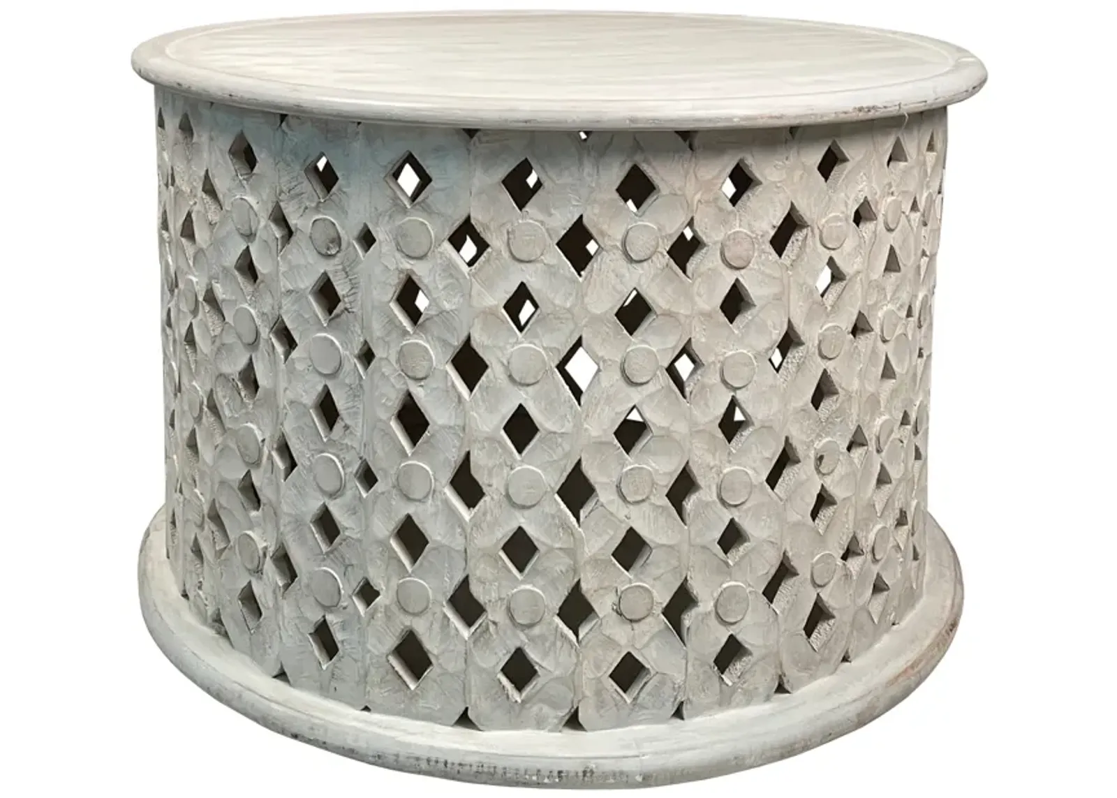 28 Inch Artisanal Round Mango Wood Coffee Table, Intricate Diamond Lattice Cut Out Frame, Washed White-Benzara