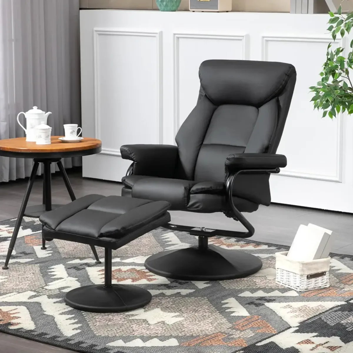 Black Recliner with Ottoman: 360° Swivel, Faux Leather