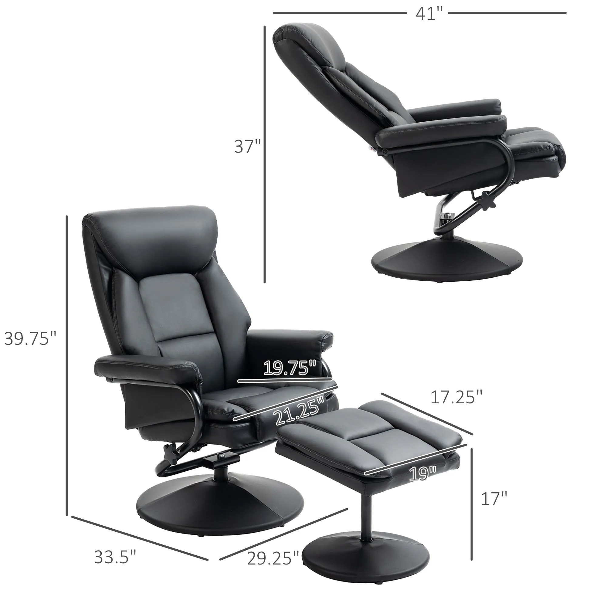 Black Recliner with Ottoman: 360° Swivel, Faux Leather