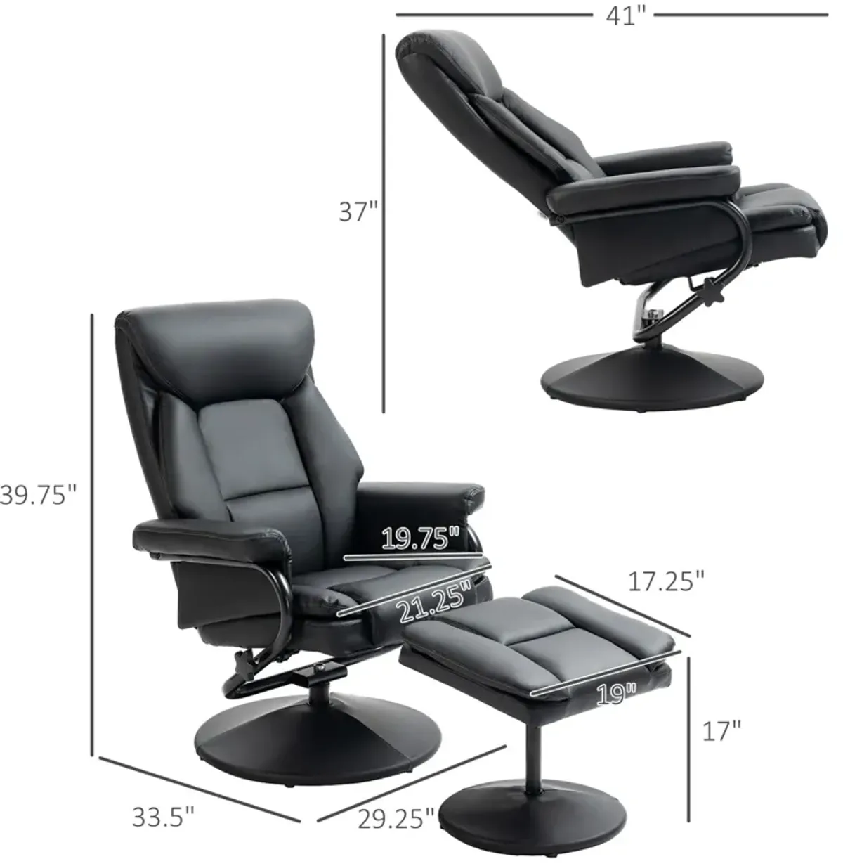 Black Recliner with Ottoman: 360° Swivel, Faux Leather