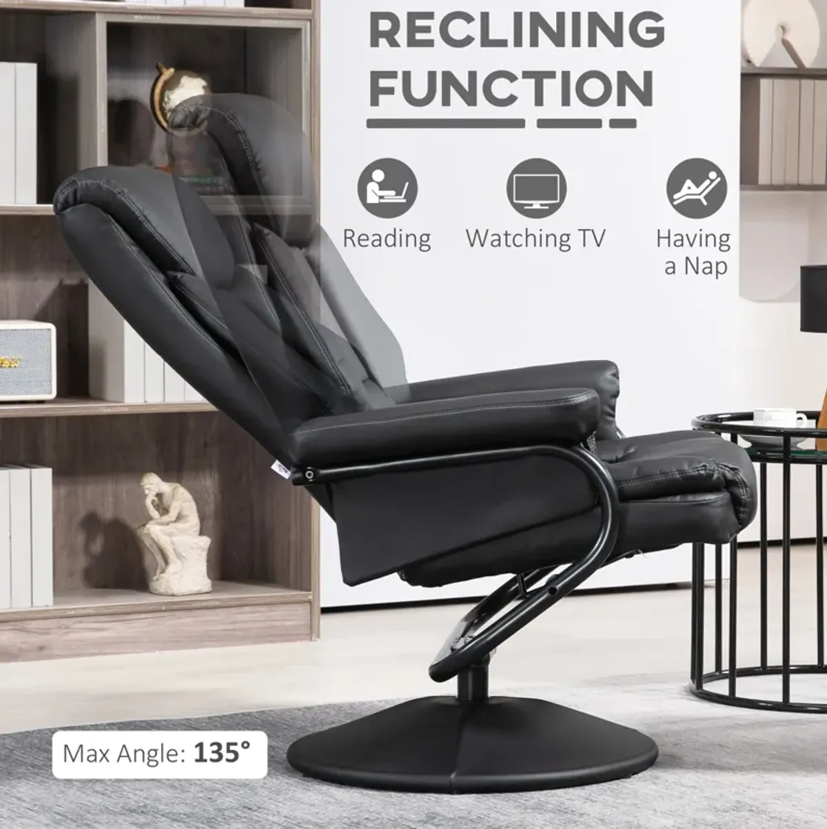 Black Recliner with Ottoman: 360° Swivel, Faux Leather