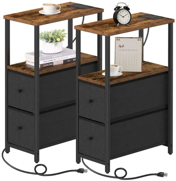 TUTOTAK Small Narrow End Table with Charging Station, Set of 2, Side Table with Outlets, Nightstand with 2 Cloth Drawers, Couch