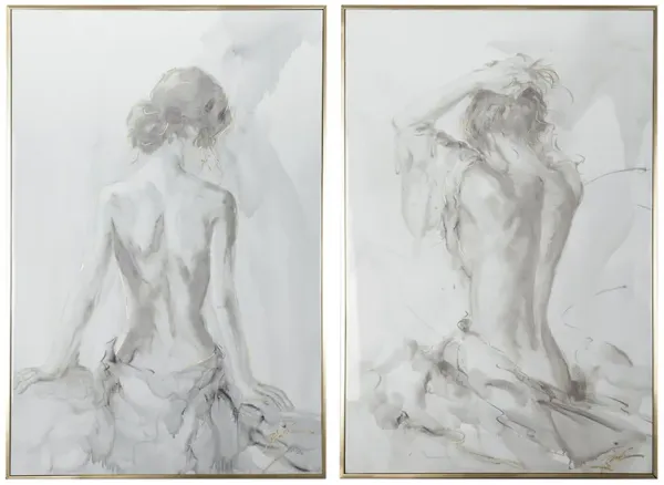 Tia 33 x 49 Hanging Wall Art Portrait Set of 2, Gray Feminine Figure Sketch - Benzara