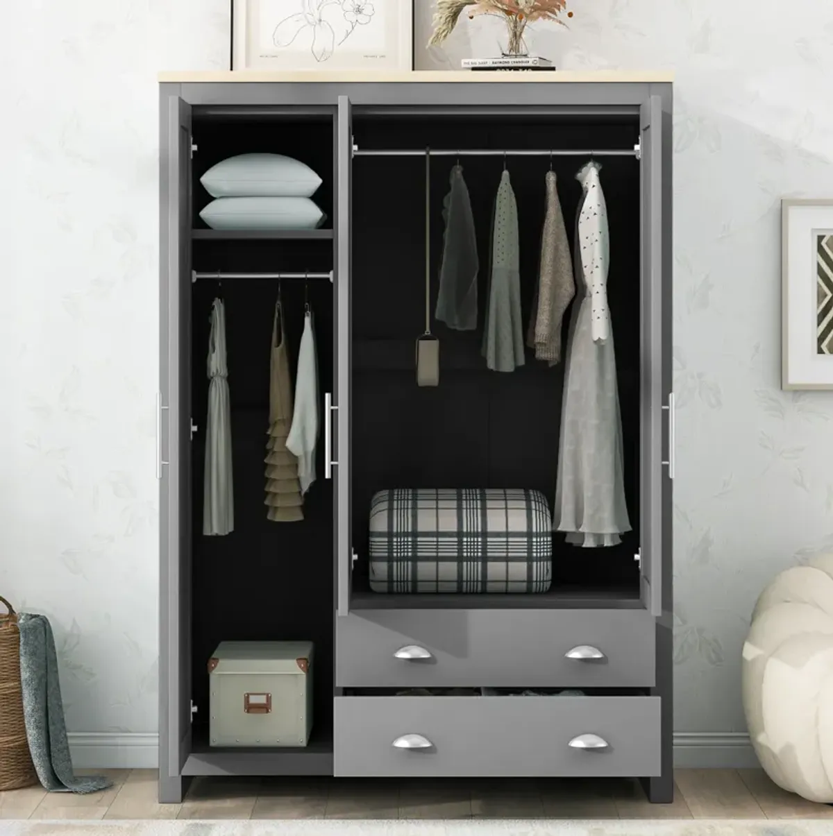 Merax Storage Wardrobe with Cabinets and 2 Hanging Rods