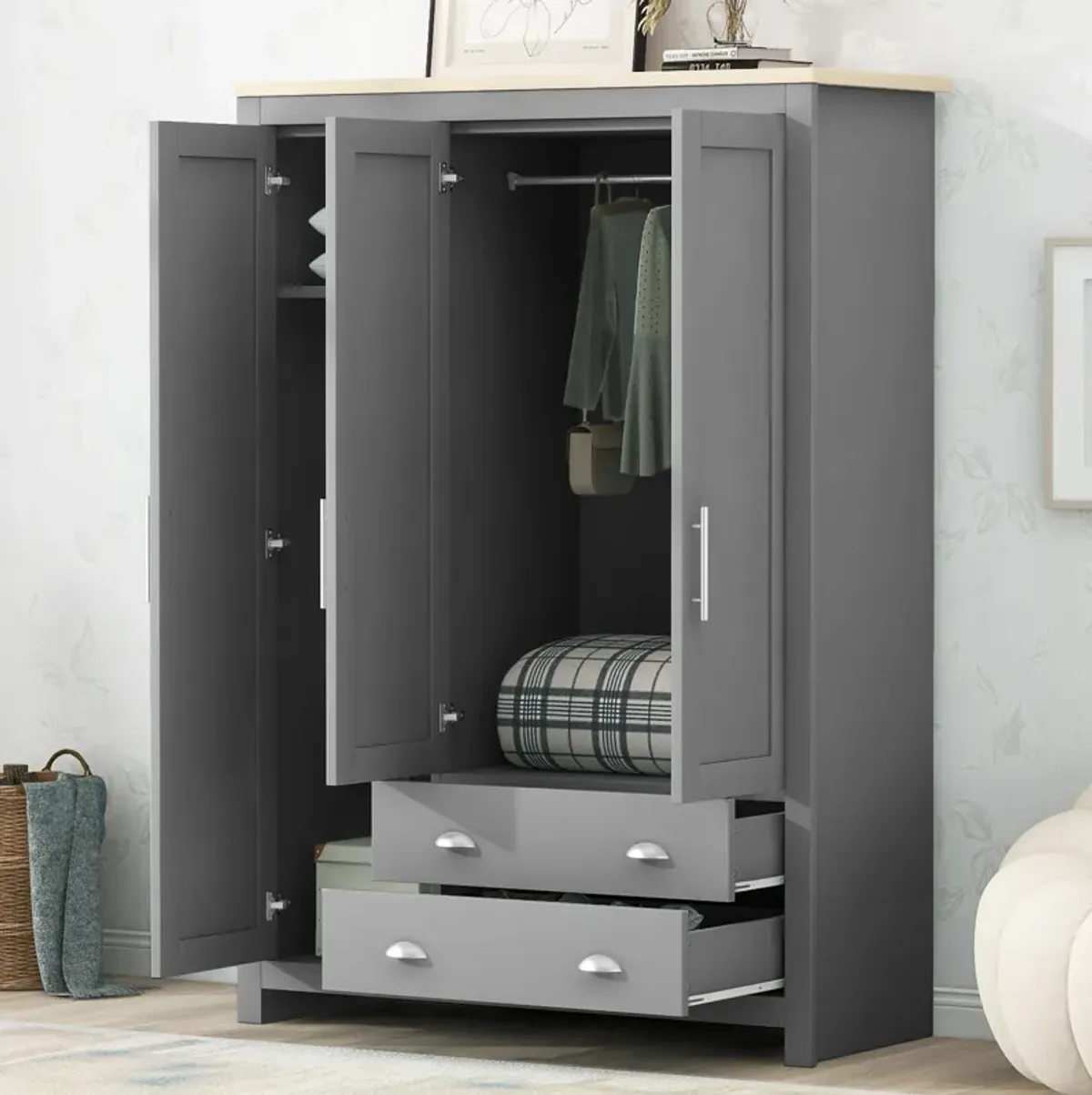 Merax Storage Wardrobe with Cabinets and 2 Hanging Rods